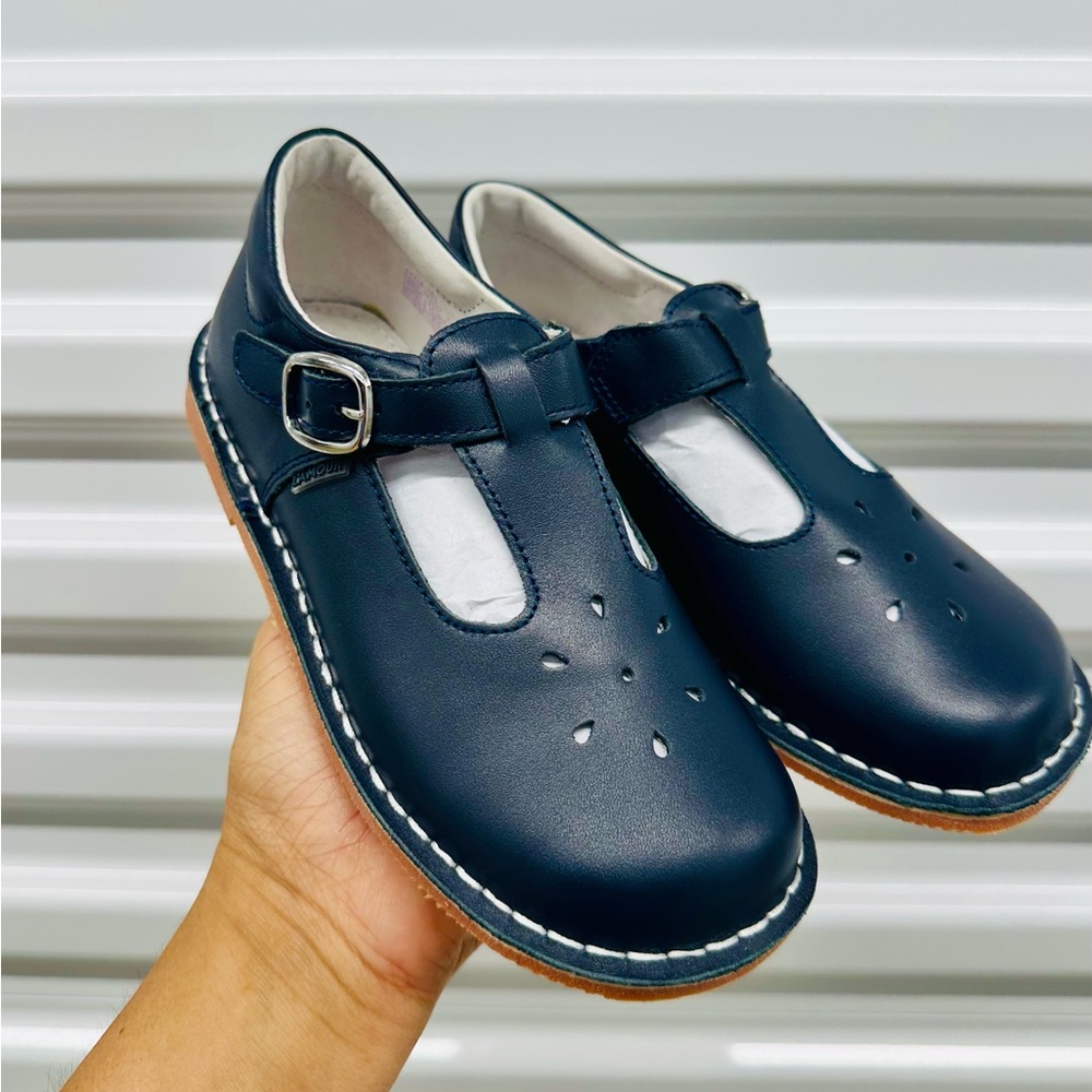 L'Amour Joy Navy T‑Bar Leather Kids Shoes with Buckle - NEW